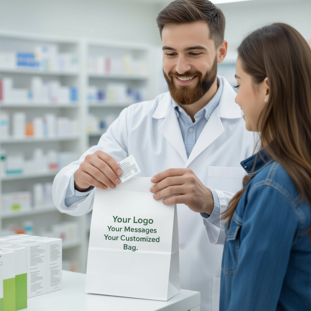 Pharmacist showing a customized bag to a customer in a pharmacy setting